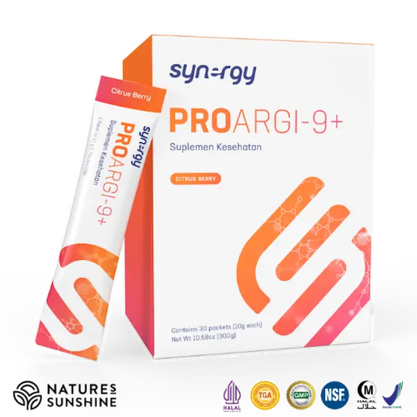 Kemasan ProArgi-9 Plus berisi 30 sachet, rasa Citrus Berry